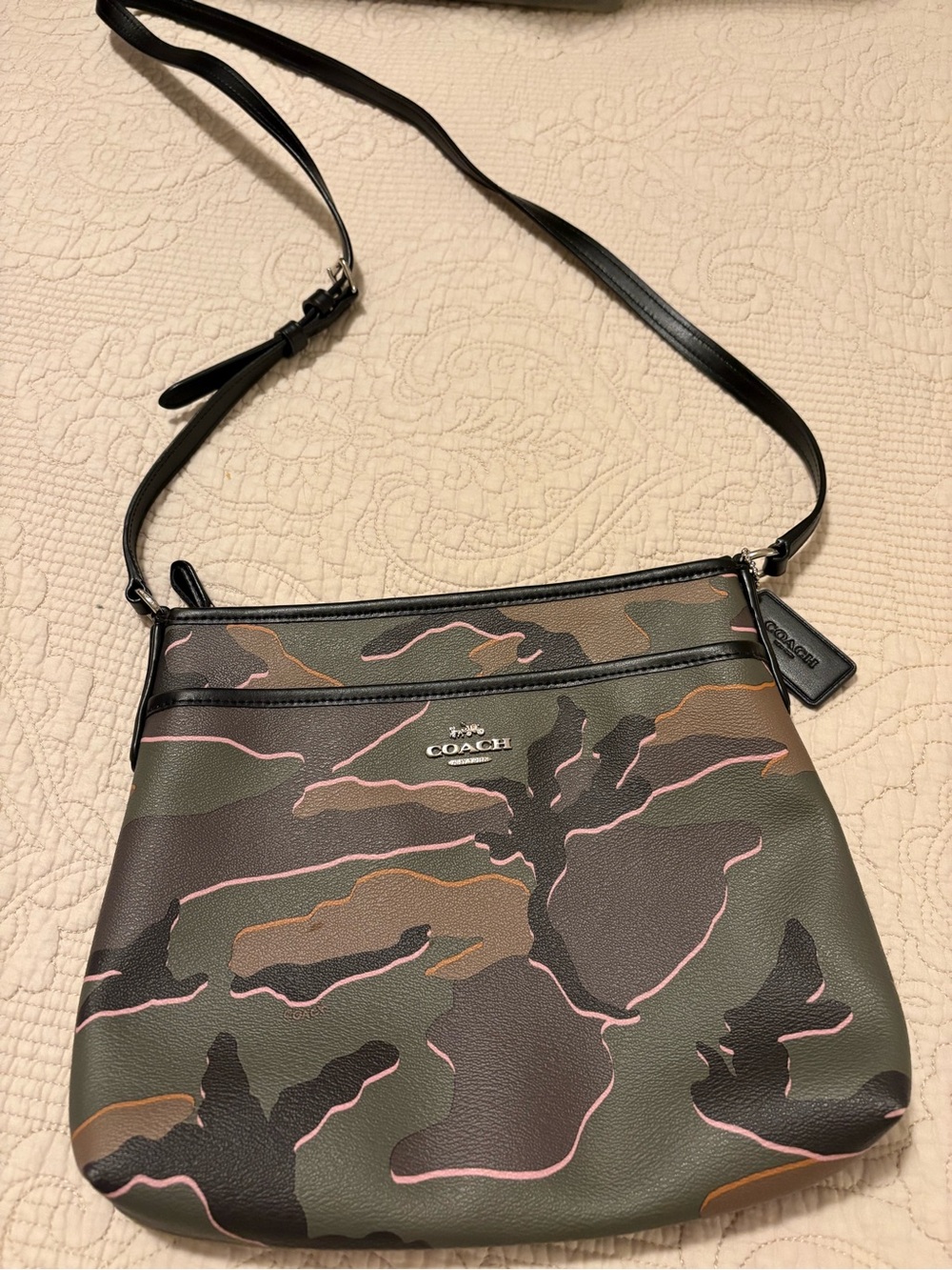 COACH Green & Black Camouflage Crossbody with Pink Accents